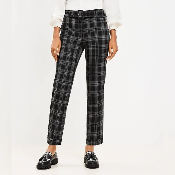 LOFT Devin Belted Slim Pants in Plaid - Picture 1 of 7